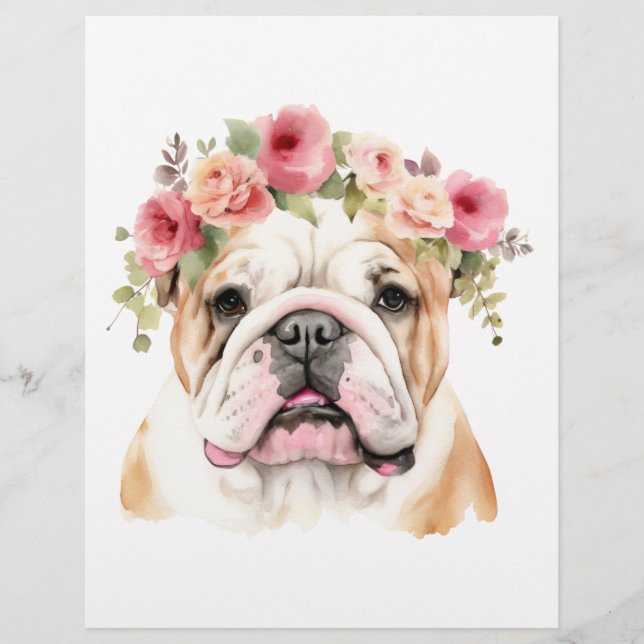 Boho Bulldog Flower Crown Watercolor Letterhead (Front)