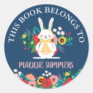 Boho Bunny   Floral This Book Belongs To Classic Round Sticker