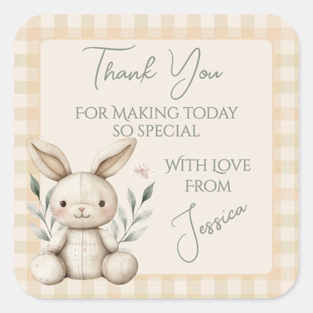Boho Bunny Neutral Baby Shower Favour Square Sticker (Front)
