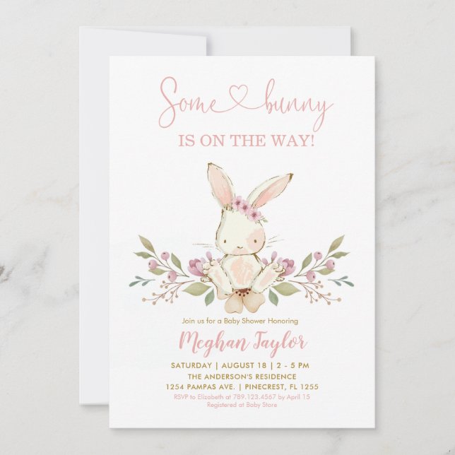 Boho Bunny Rabbit Pink Girl Baby Shower  Invitation (Front)