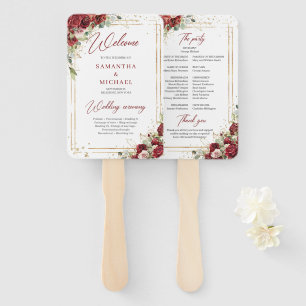 Boho burgundy and blush roses eucalyptus program hand fan