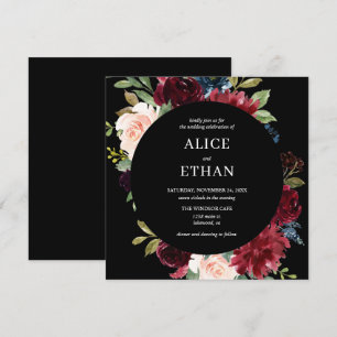Boho Burgundy And Navy Blue Floral Invitation