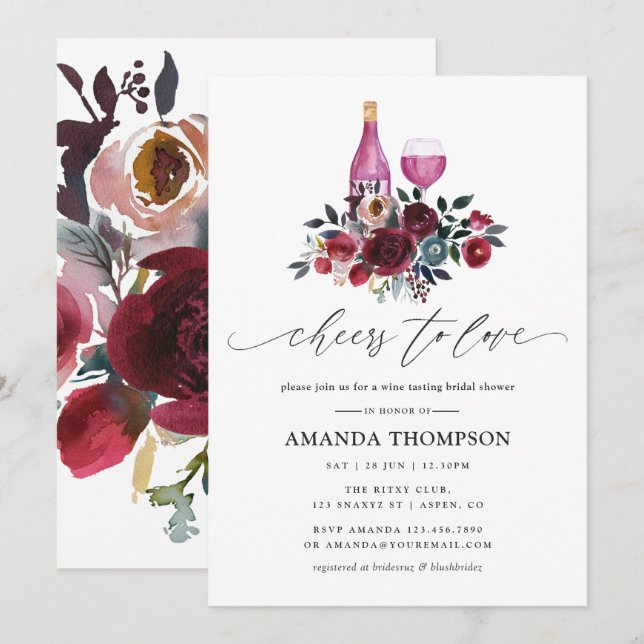 Boho Burgundy and Navy Bridal Shower Wine Tasting  Invitation (Front/Back)