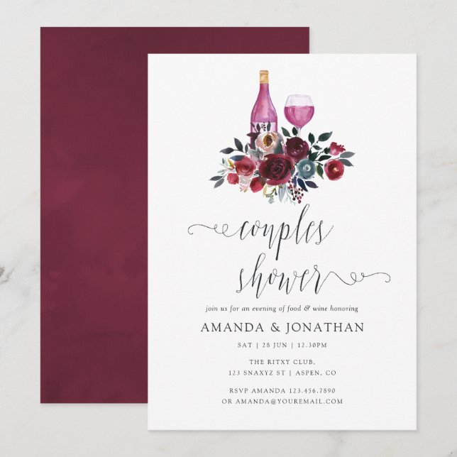 Boho Burgundy and Navy Couples Shower Wine Tasting Invitation (Front/Back)