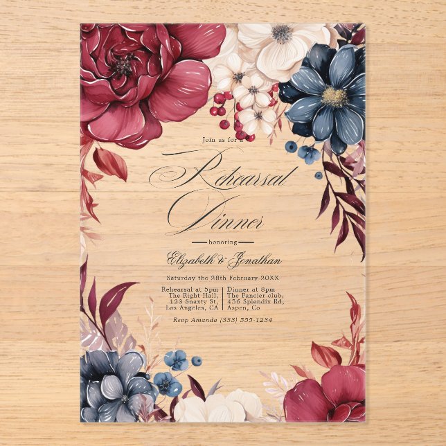 Boho Burgundy and Navy Floral Rehearsal Dinner Acrylic Invitations (Front)
