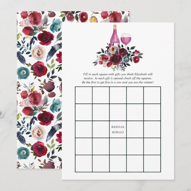 Boho Burgundy and Navy Wine Tasting Bridal Bingo Invitation (Front/Back)