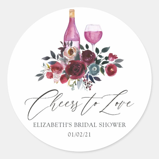 Boho Burgundy and Navy Wine Tasting Bridal Shower Classic Round Sticker (Front)
