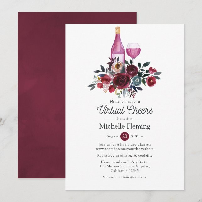 Boho Burgundy and Navy Wine Virtual Bridal Shower Invitation (Front/Back)