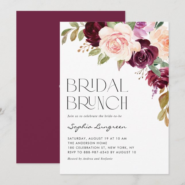 Boho Burgundy and Peach Flowers Fall Bridal Brunch Invitation (Front/Back)