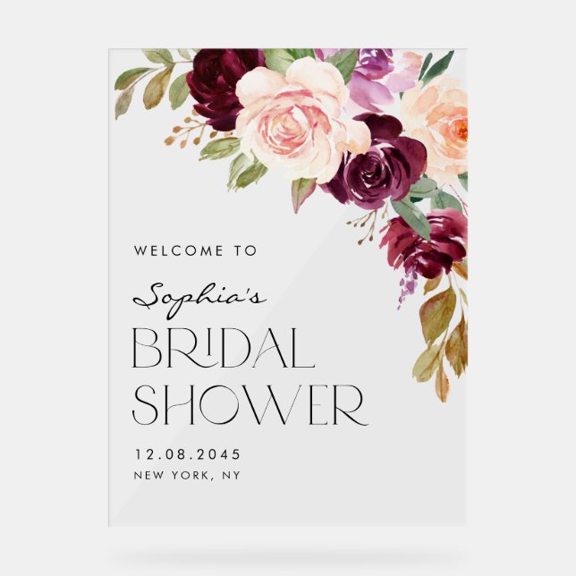 Boho Burgundy and Peach Flowers Fall Bridal Shower Acrylic Sign (Front)