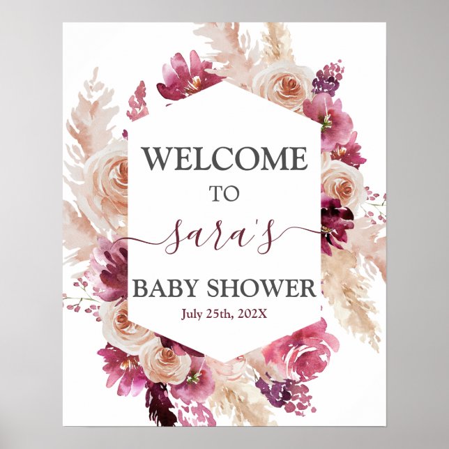 Boho Burgundy Baby Shower Girl Welcome sign (Front)