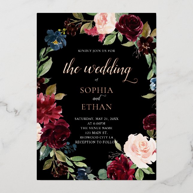 Boho Burgundy Blue Flowers Script Wedding (Front)