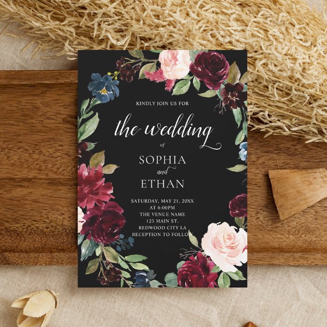 Boho Burgundy Blue Flowers Wedding Invitation (Creator Uploaded)