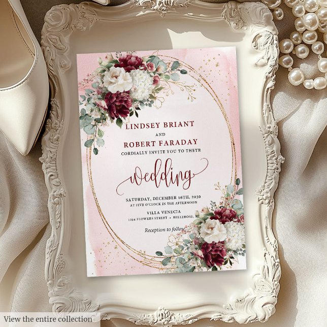 Boho Burgundy Blush Faire-part de mariage avec Ros (Boho Burgundy Blush Wedding Invitation with Roses)