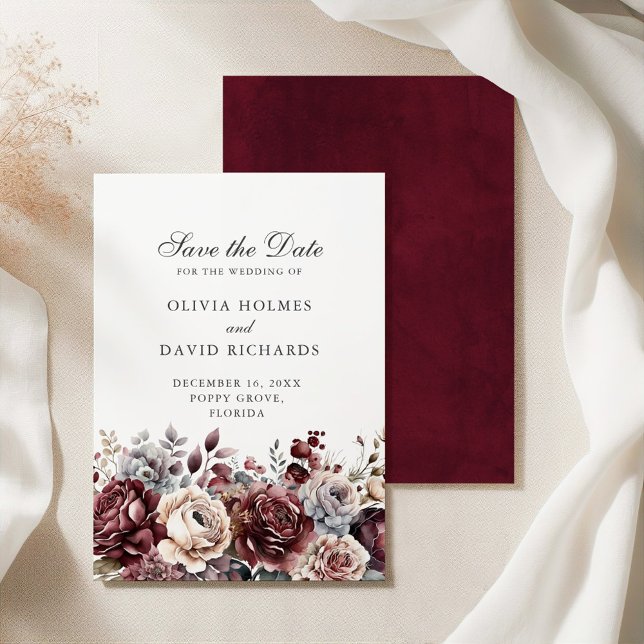 Boho Burgundy & Blush Floral Enregistrer la carte  (Boho Burgundy & Blush Floral Save the Date Card on a silk tablecloth)