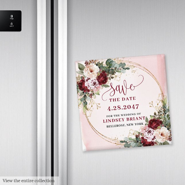 Boho Burgundy Blush Gold Floral Save Date Magnet (Boho Burgundy Blush Gold Floral Save Date Magnet)