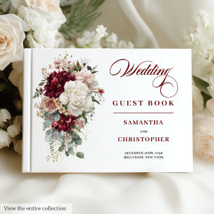 Boho burgundy blush gold floral wedding guest book