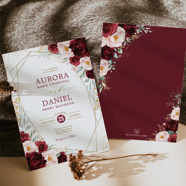 Boho Burgundy Blush Gold Flowers Geometric Wedding Invitation (Creator Uploaded)