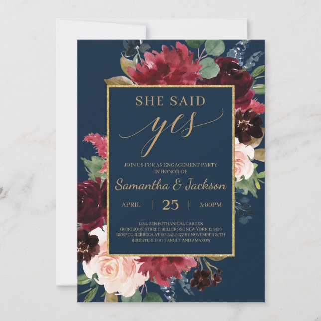 Boho burgundy blush navy floral engagement invitation (Front)