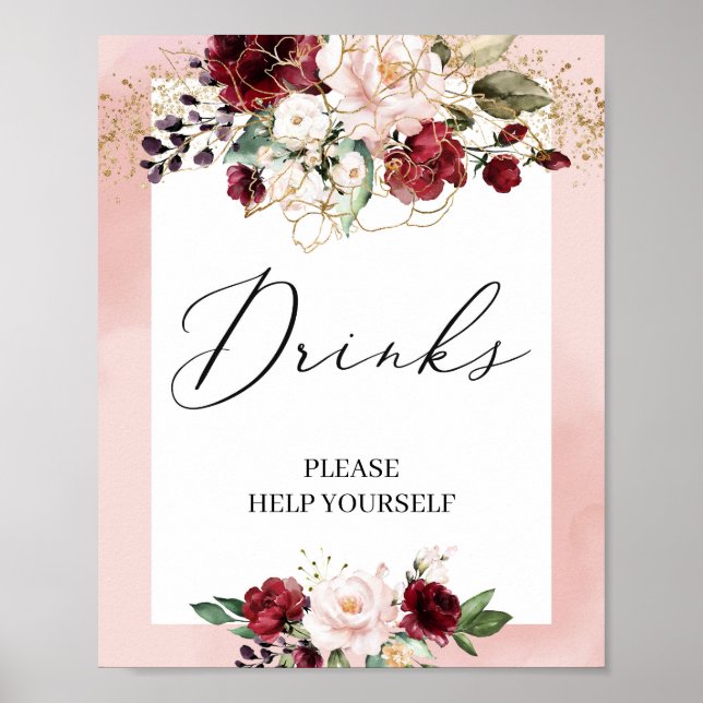 Boho burgundy blush pink floral drinks sign (Front)