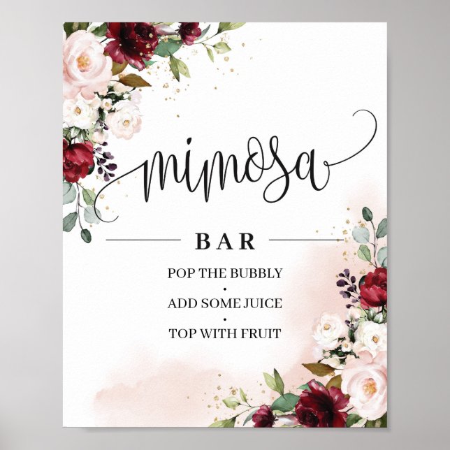 Boho burgundy blush pink floral mimosa bar sign (Front)