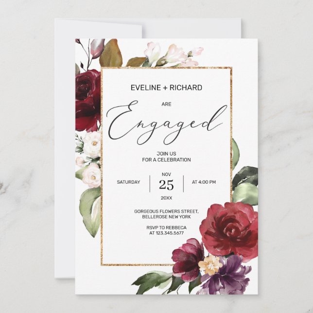 Boho burgundy blush pink floral red merlot engage invitation (Front)