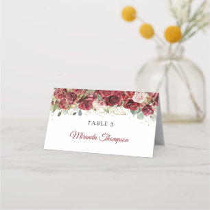 Boho burgundy & blush roses eucalyptus place card