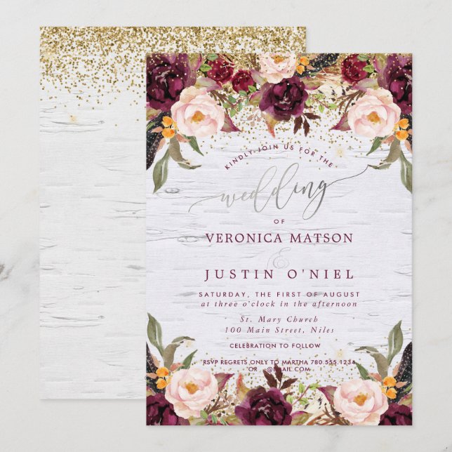 Boho Burgundy+Blush Watercolor Flowers Invitation (Front/Back)