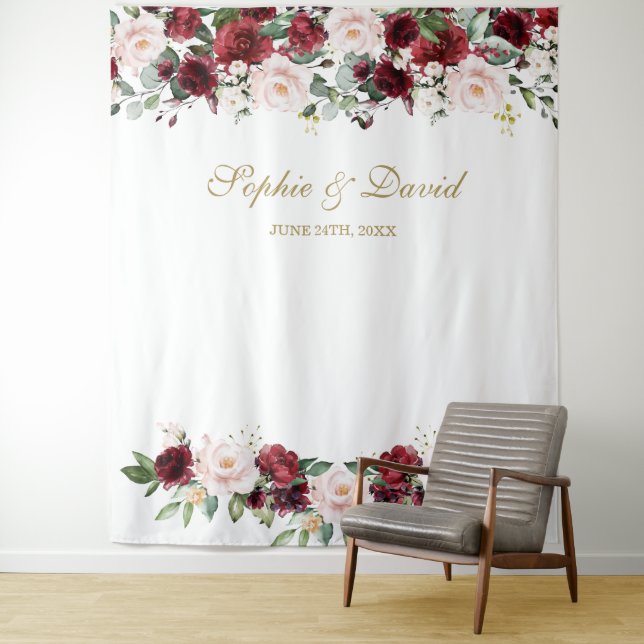 Boho Burgundy Blush Wedding Photo Booth Backdrop Tapestry (In Situ)