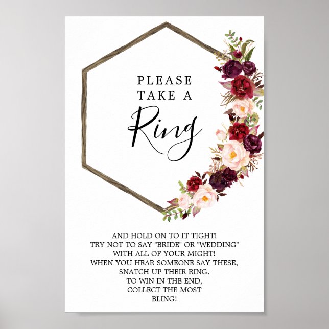 Boho Burgundy Bridal Shower Ring Game Poster (Front)
