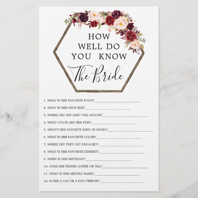 Boho Burgundy Double Sided Bridal Shower Games (Front)