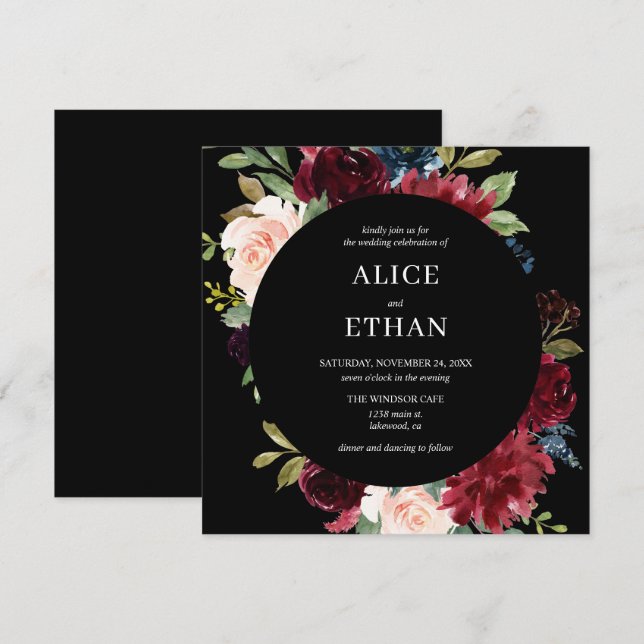 Boho Burgundy Et Navy Blue Floral Invitation (Devant / Derrière)