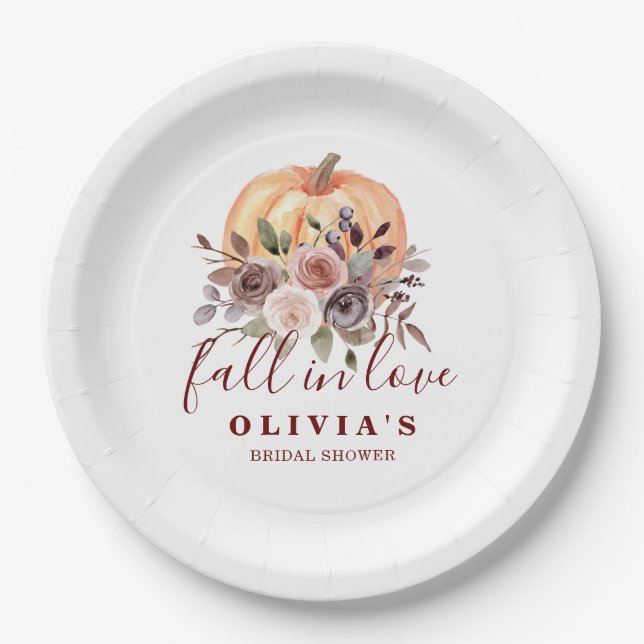 Boho Burgundy fall floral Pumpkin Bridal Shower Pa Paper Plate (Front)