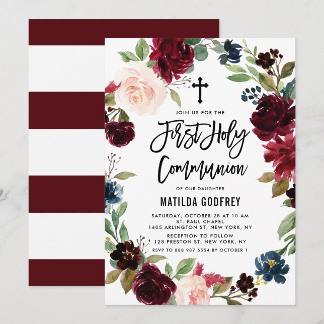 Boho Burgundy Fall Floral Wreath First Communion Invitation (Front/Back)