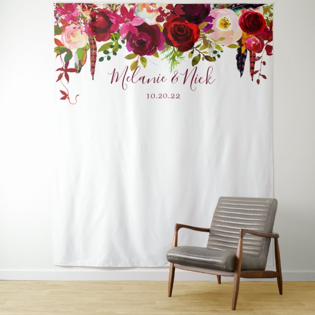 Boho Burgundy feathers Floral photo backdrop Tapestry (In Situ)