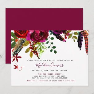 Boho Burgundy Floral and Feathers Bridal Shower Invitation