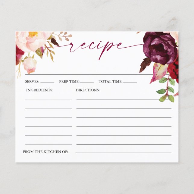Boho Burgundy Floral Bridal Shower Recipe Card (Front)
