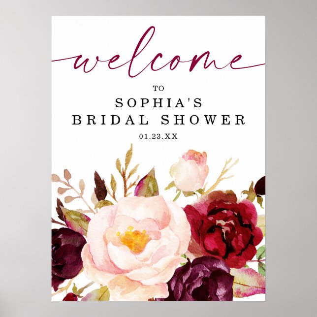 Boho Burgundy Floral Bridal Shower Welcome Sign (Front)