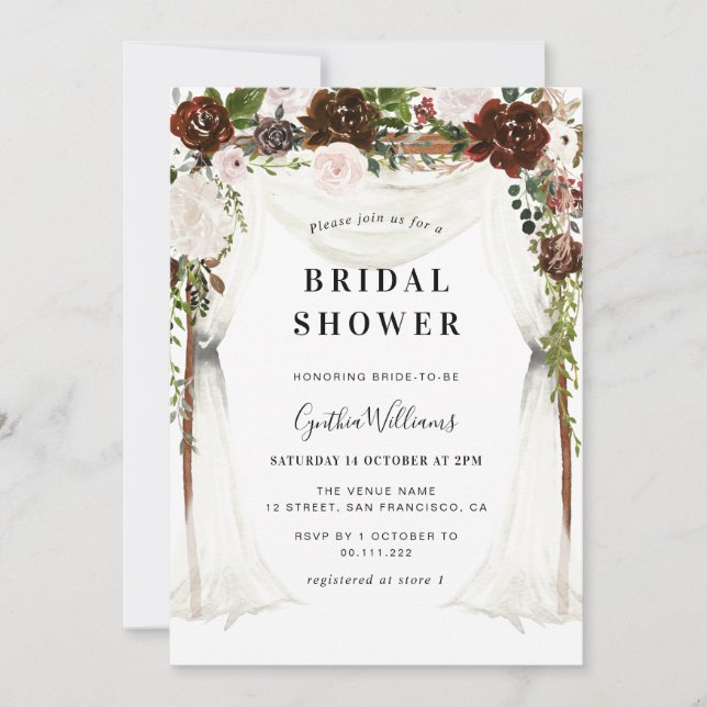 boho burgundy floral canopy bridal shower invitation (Front)