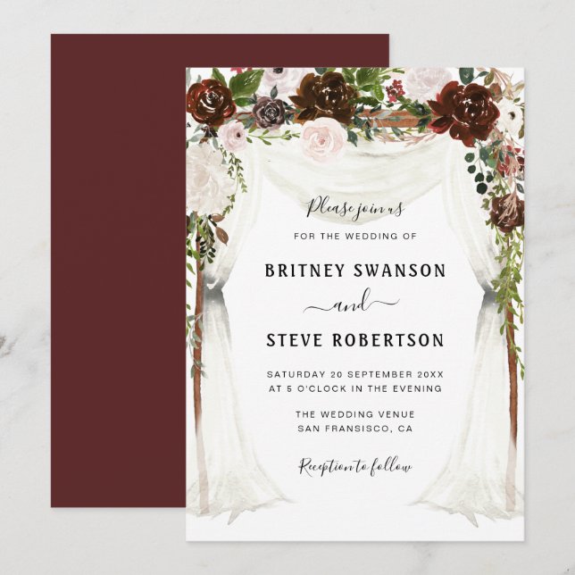 boho burgundy floral canopy wedding invitation (Front/Back)