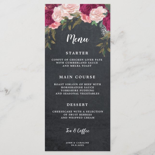 boho burgundy floral chalk wedding menu cards (Front)