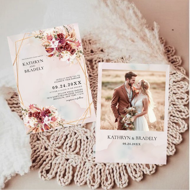 Boho Burgundy Floral Geometric Wedding  Invitation (Creator Uploaded)