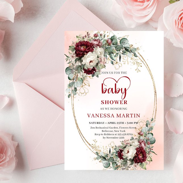 Boho Burgundy Floral Gold Baby Shower Invitation (Boho Burgundy Floral Baby Shower Invitation with Greenery)