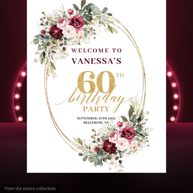 Boho Burgundy Floral Gold Frame 60th Birthday  Tapestry (Boho Burgundy Floral Gold Frame 60th Birthday Backdrop)