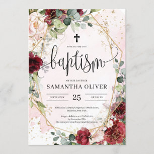 Boho burgundy floral gold geometric baptism invitation