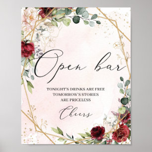 Boho burgundy floral gold wedding open bar sign