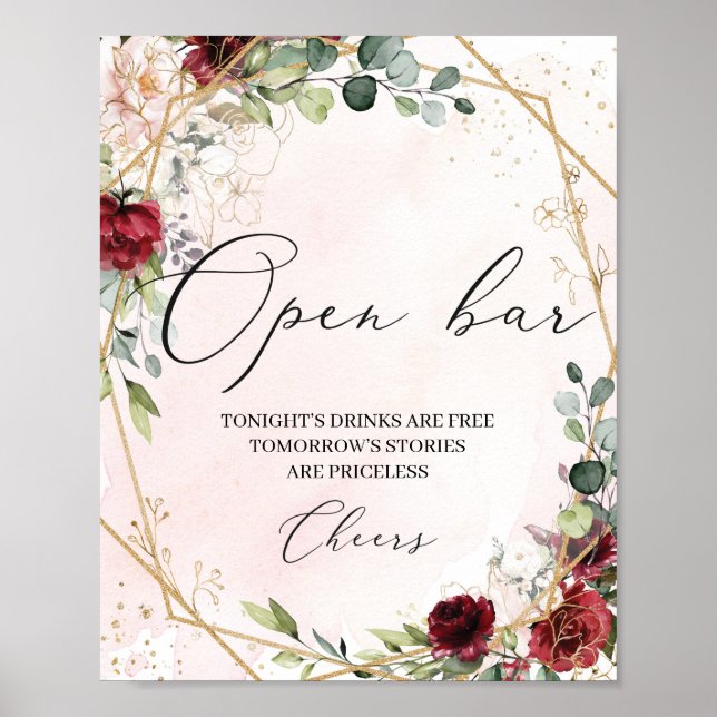 Boho burgundy floral gold wedding open bar sign (Front)
