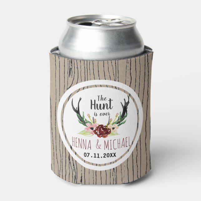 Boho Burgundy Floral Hunt is Over Wedding © Can Cooler (Can Front)