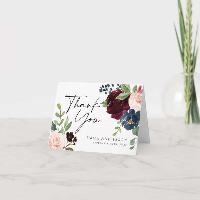 Boho Burgundy Floral Mariage Carte de remerciement (Devant)