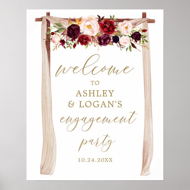 Boho Burgundy Floral Marsala Engagement Party Poster (Front)